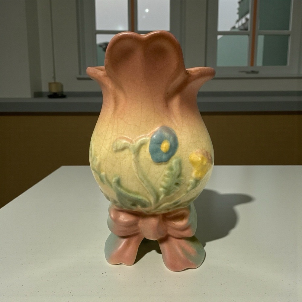 Mid Century 6" HULL POTTERY Bow-Knot Vase Floral Pink Blue B-2 Vintage